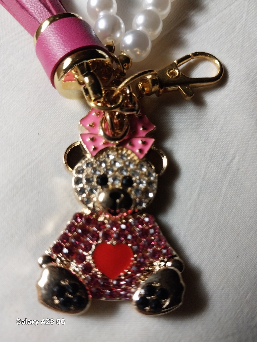 Unbranded Teddy Bear Rhinestone Bag Charm/Keychain Faux Pearl Wristlet Gold Hdwe